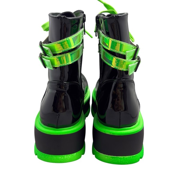Demonia Slacker 52 Platform Combat Boots Womens Size 9 Black Neon Green Patent - Picture 5 of 9